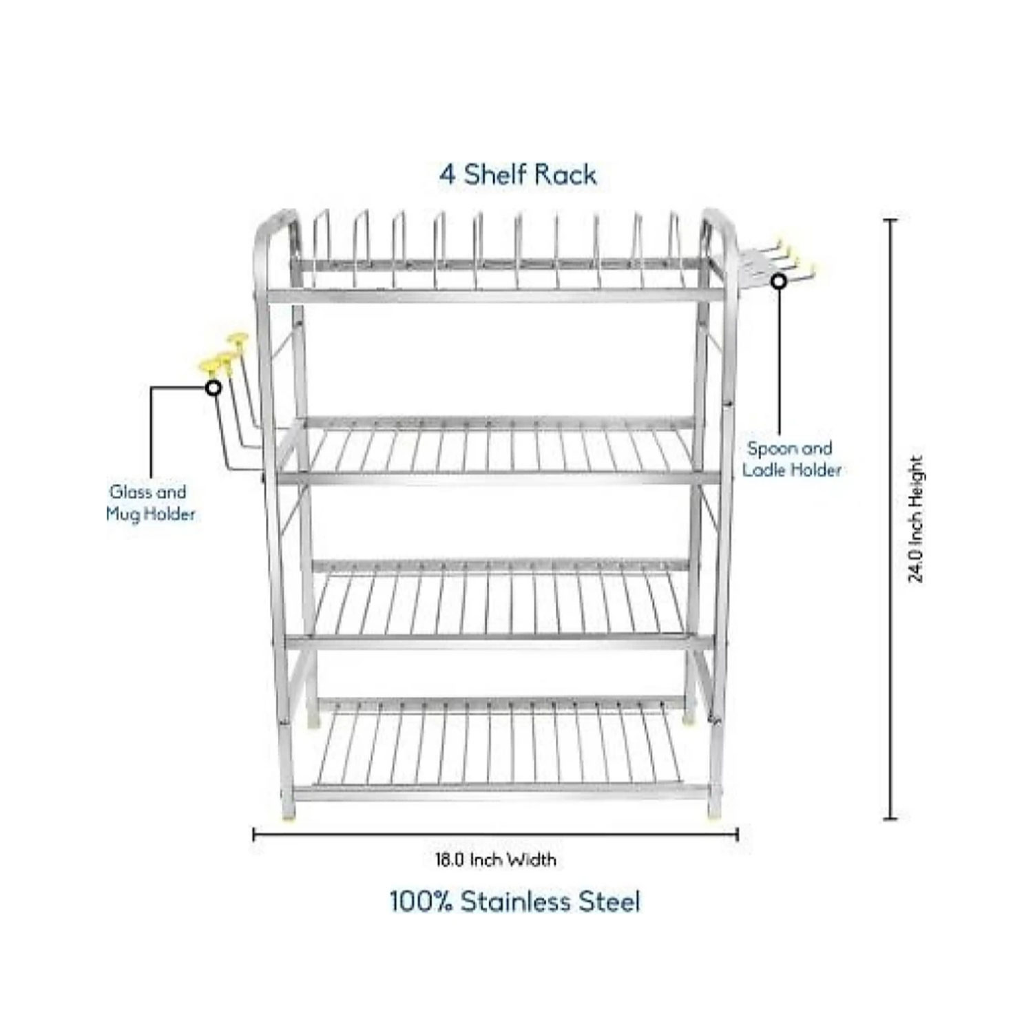 BRIGHT STEEL 4 Shelf Wall Mount Kitchen Racks |  Stainless Steel |  Modular Kitchen Bartan Stand 24*18 inch